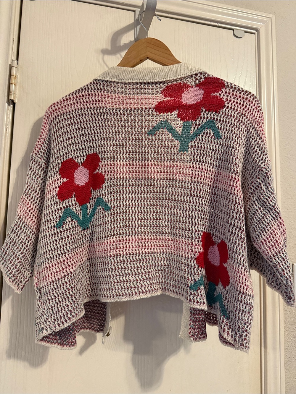 Floral Crochet Cardigan Sweater - Red & Teal on Cream - Picture 5 of 6